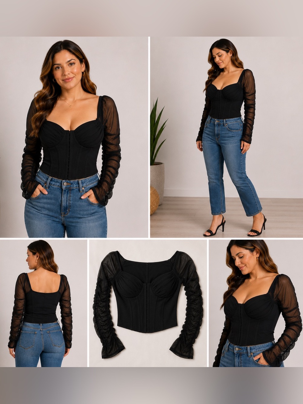 Windsor Black Corset Bustier Crop Top Mesh Ruched Sleeves Size M
